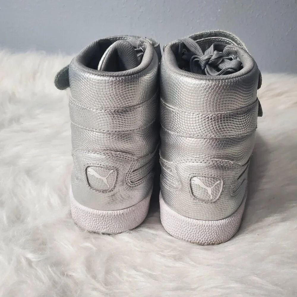 PUMA Sky II High Holographic Jr Youth Shoes Silver Leather Sneakers, M7